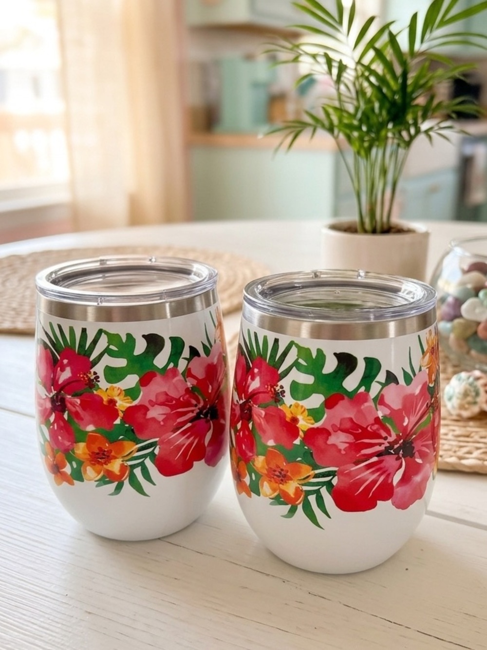 Insulated Floral Stemless Wine Tumbler - White with Pink Hibiscus